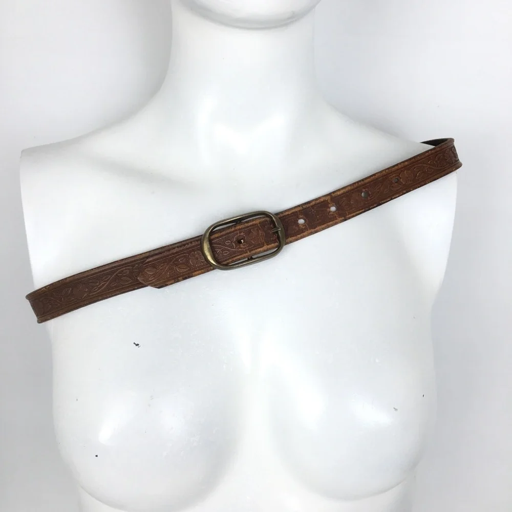 Thin Floral Tooled Leather Belt Brown by Colorado Leather Goods Feminine Western